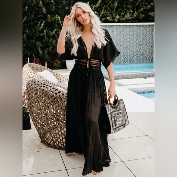 NEW Boho Black Lace Beach Dress Coverup with Flutter Sleeves & 2-Tie Front, OS - Picture 1 of 16